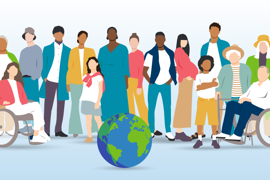 An illustration of line of people with various disabilities behind a globe